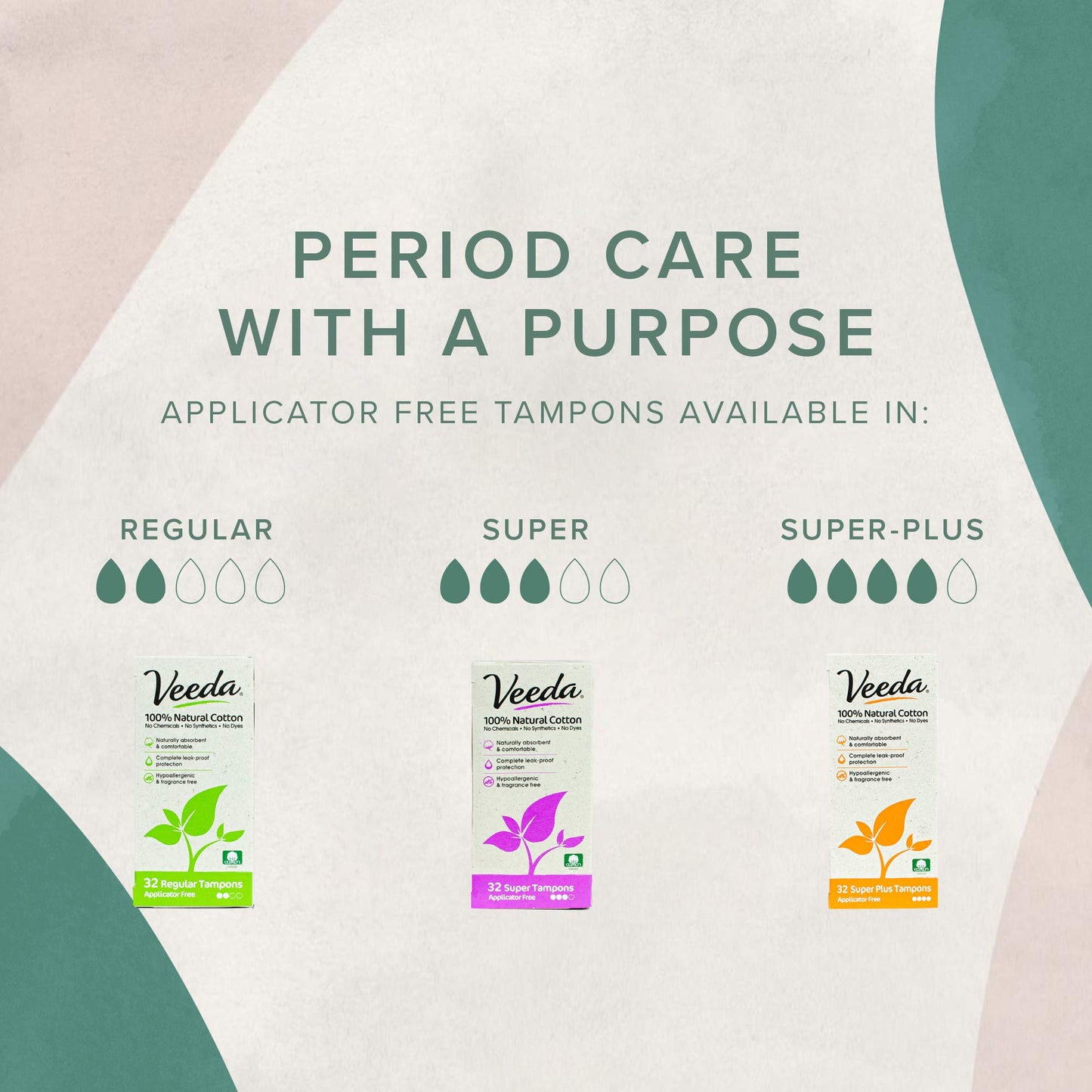 Veeda 100% Natural Cotton Compact Tampons Super Plus Absorbency - Non-Applicator Tampons with leak proof protection - Unscented, Chlorine & Toxin Free - 32 Count