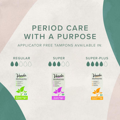 Veeda 100% Natural Cotton Compact Tampons Super Plus Absorbency - Non-Applicator Tampons with leak proof protection - Unscented, Chlorine & Toxin Free - 32 Count