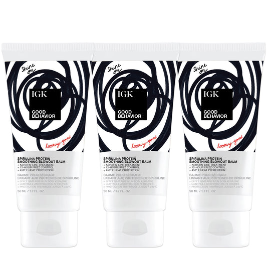 IGK Good Behavior Blowout Balm Travel Size 3 pack – Heat-Activated Smoothing Cream with Spirulina Protein – Frizz Control, Heat Protection, and Salon-Like Results