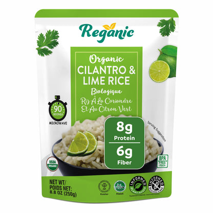 Reganic Cilantro & Lime Rice Pouch, USDA Organic, Zesty Global Flavor, 8g Protein & 6g Fiber, Made with 7 Organic Ingredients, Always Fluffy, Ready in 1.5 Minutes, Vegan Gluten-Free Non-GMO, 8.8 oz Pack of 6