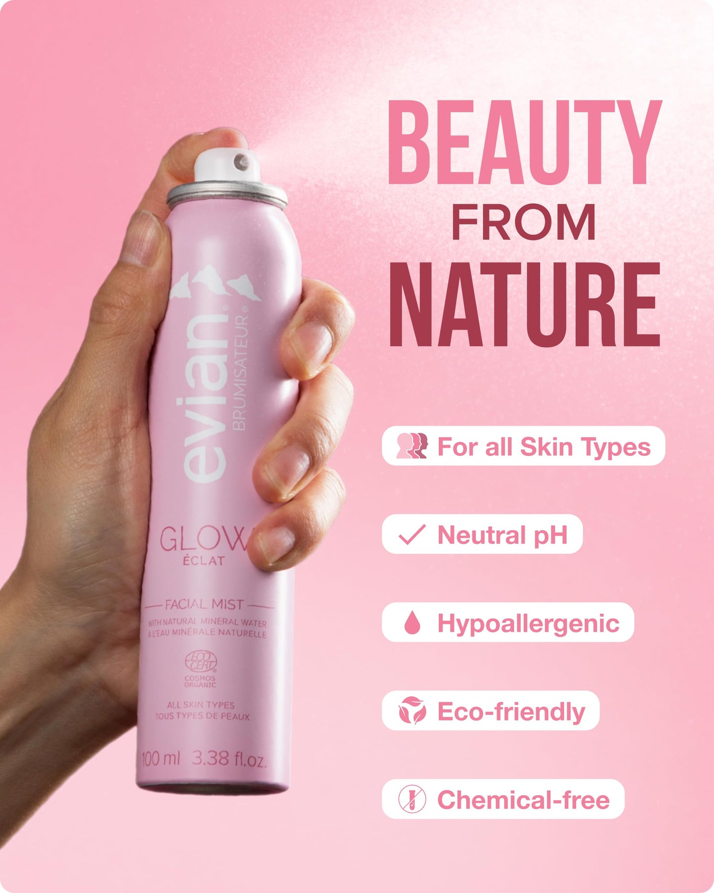 Evian Facial Spray | Glow, Calm & Protect Hydrating Face Mist | Natural Mineral Water with Plant-Based Extracts | 3.38 oz