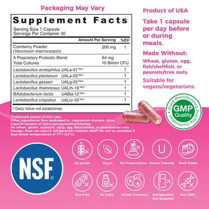 NutriCelebrity NutriFlora-Pro Probiotics for Women - Support Vaginal, Urinary Health (UTI), Digestive System, Period Pain, Yeast, and BV Relief, Cranberry Pills, 10 Billion CFU 6 Strains (30 Caps)