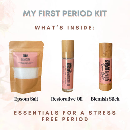 Skin to Skin My First Period Kit for Girls 10-16: Menstrual Starter Kit with Pads, Panty Liners, Cramp Relief, Educational Booklet