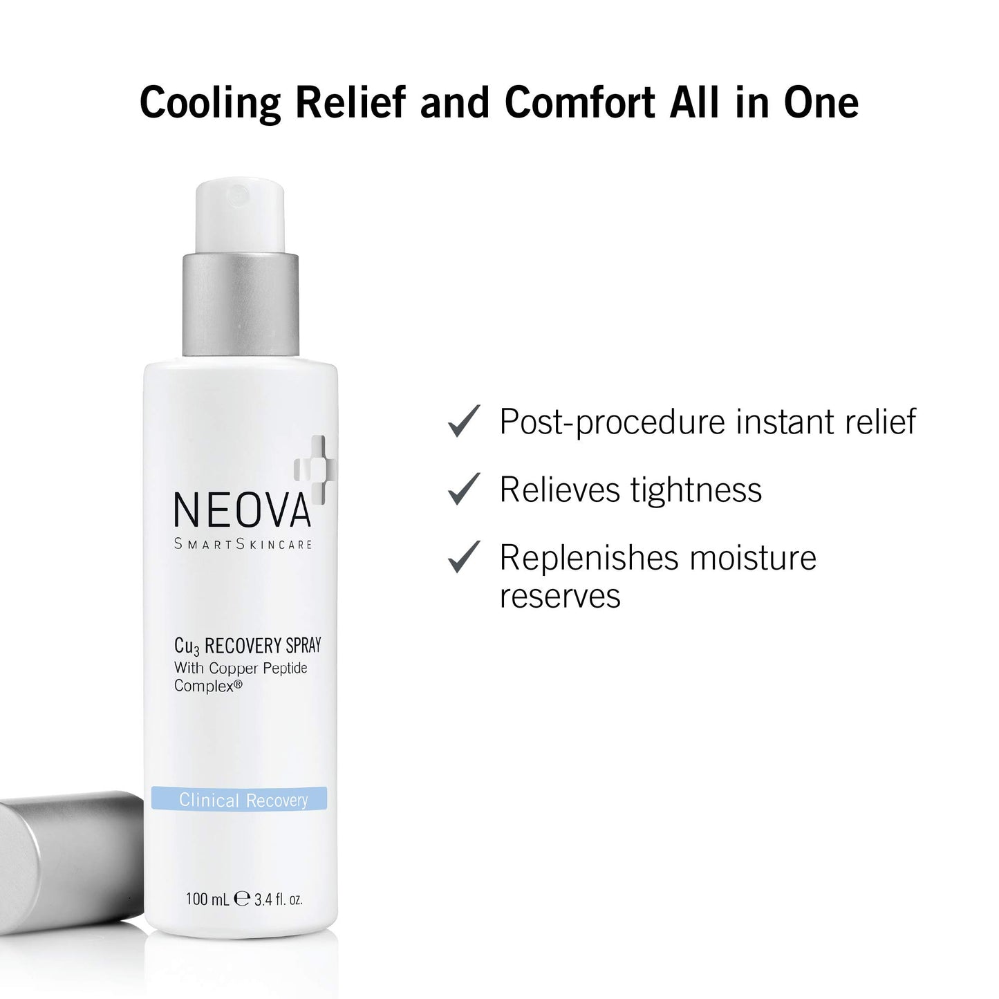 NEOVA SmartSkincare Cu3 Recovery Spray cools and moistens with droplets of Copper Peptide Complex to comfort tender skin.