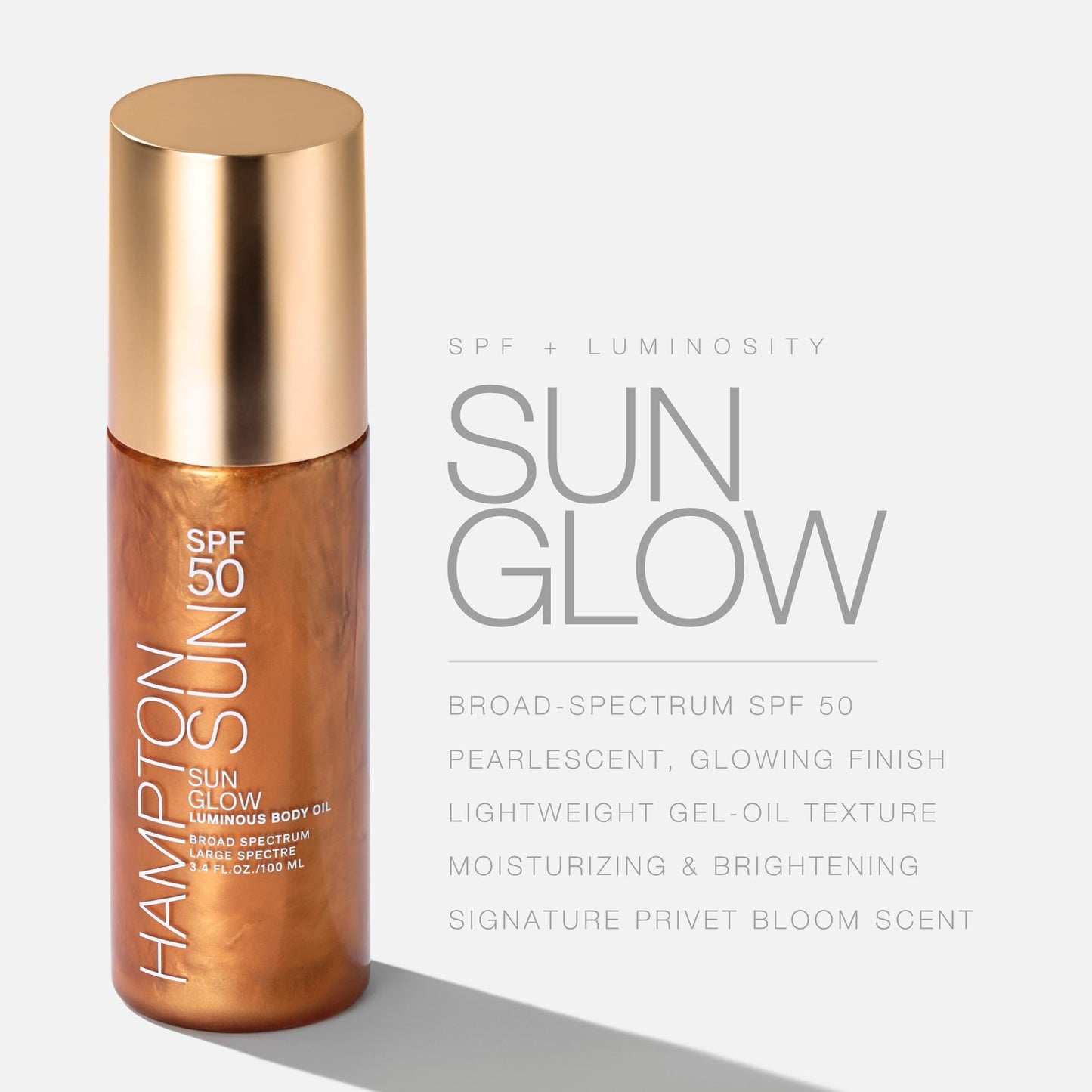 Hampton Sun SPF 50 Sun Glow Luminous Body Oil | Broad Spectrum | Lightweight Shimmering Gel | Hydrating & Nourishing with Vitamin E, Kukui, and Hibiscus Oil | Absorbs Seamlessly | Travel-Approved Size