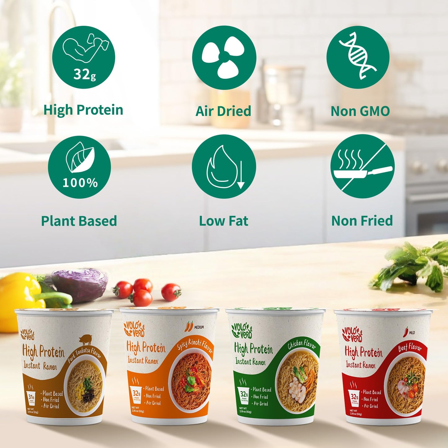 VOLO VERO High Protein (32g) Ramen Instant Noodles Cup, 8 Count, Variety Pack - Chicken, Pork Tonkotsu, Spicy Beef, Kimchi - Plant-Based, Vegan, Non-Fried, Low Fat, Non-GMO, Healthy Quick Meal