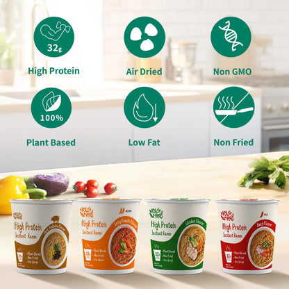 VOLO VERO High Protein (32g) Ramen Instant Noodles Cup, 8 Count, Variety Pack - Chicken, Pork Tonkotsu, Spicy Beef, Kimchi - Plant-Based, Vegan, Non-Fried, Low Fat, Non-GMO, Healthy Quick Meal