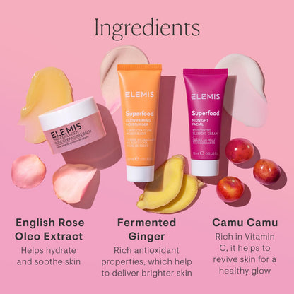 ELEMIS Way to Glow Exclusive Skincare Kit($70 Value) - Travel Set with Travel-Size Rose Cleansing Balm, Glow Priming Moisturizer & Midnight Facial, Nourish & Illuminate Skin all day