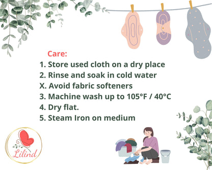 Lilind® 6 Pack Black Cloth Pads, Regular 9 inch 100% Cotton Reusable Menstrual Sanitary Napkins, Free Wet Bag, Complete Set, Zero Waste
