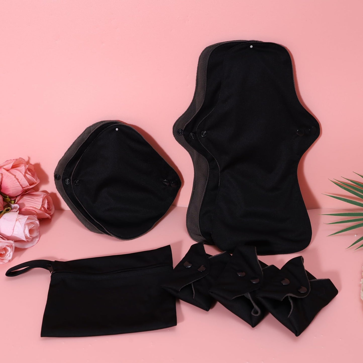 Black Snaps Soft Adjustable Snaps Cloth Reusable Menstrual Pads - Reusable Sanitary Pads | Reusable Panty Liners | -9 pcs Three Size Cloth Sanitary Pad with 1 Bag(3331纯黑)