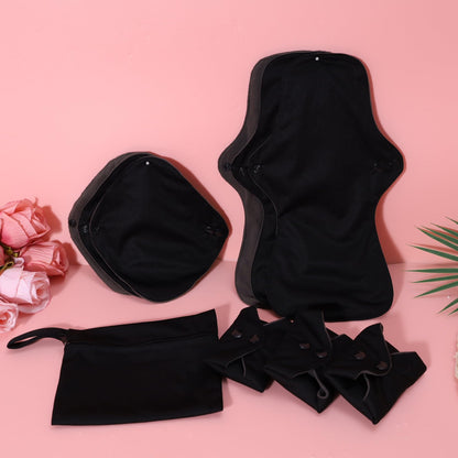 Black Snaps Soft Adjustable Snaps Cloth Reusable Menstrual Pads - Reusable Sanitary Pads | Reusable Panty Liners | -9 pcs Three Size Cloth Sanitary Pad with 1 Bag(3331纯黑)