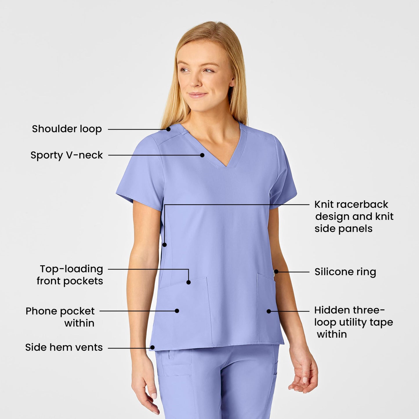 WonderWink W123 Women's Flex Back Stylized V-Neck Scrub Top, Ceil Blue, 2X