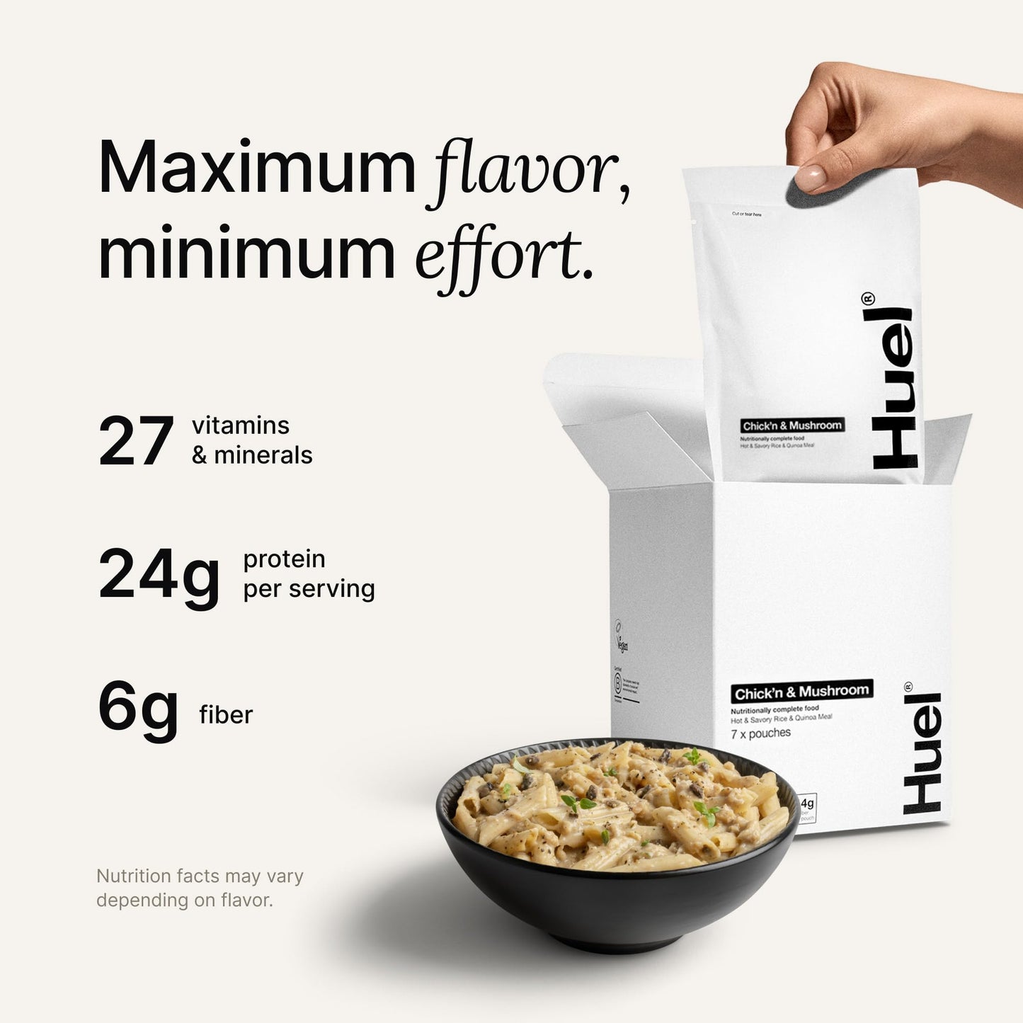 Huel Hot and Savory Meal Packs | Chick'n & Mushroom | Up to 25g Protein Plant Based Instant Meal | 27 Vitamins and Minerals | 100% Nutritionally Complete | 7 Pack