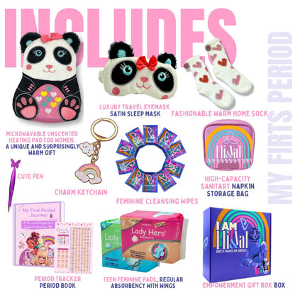 First Period Kit Gift for Girls 9–12 | Period Starter Kit for Tweens & Teens | Pads, Wipes & Confidence Essentials | First Period Gift Box with Discreet Bag (Panda)