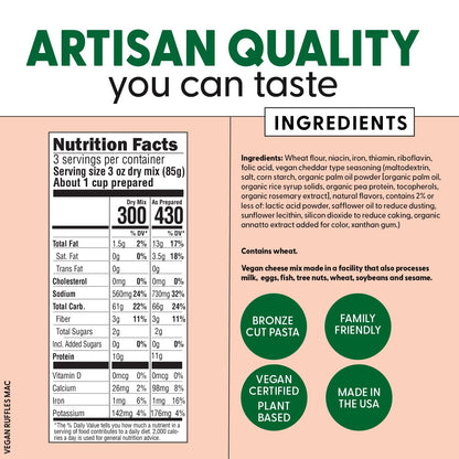 Pastabilities Vegan Ruffles - Mac and Cheese - Family Size – Serves 4, Wheat Based Pasta, Delicious Taste, Non GMO, Vegan Pasta and Cheese, 10g of Protein (6 Pack, 8 Oz)