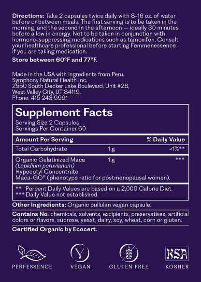 Femmenessence® MacaPause® – Clinically Proven Postmenopausal Organic Vegan Supplement for Natural Hormone Balance, Menopause Symptom Relief, Bone & Heart Health (120 Capsules, 30 Day Supply)