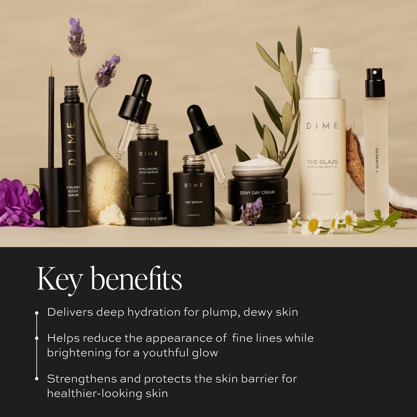 DIME Beauty Icons Collection - Travel Size Skincare Discovery Set Includes 7 Summers Perfume, Eyelash Boost Serum, Luminosity Eye, Glaze Body Oil, Hyaluronic Acid, Dewy Day Cream, TBT Serum