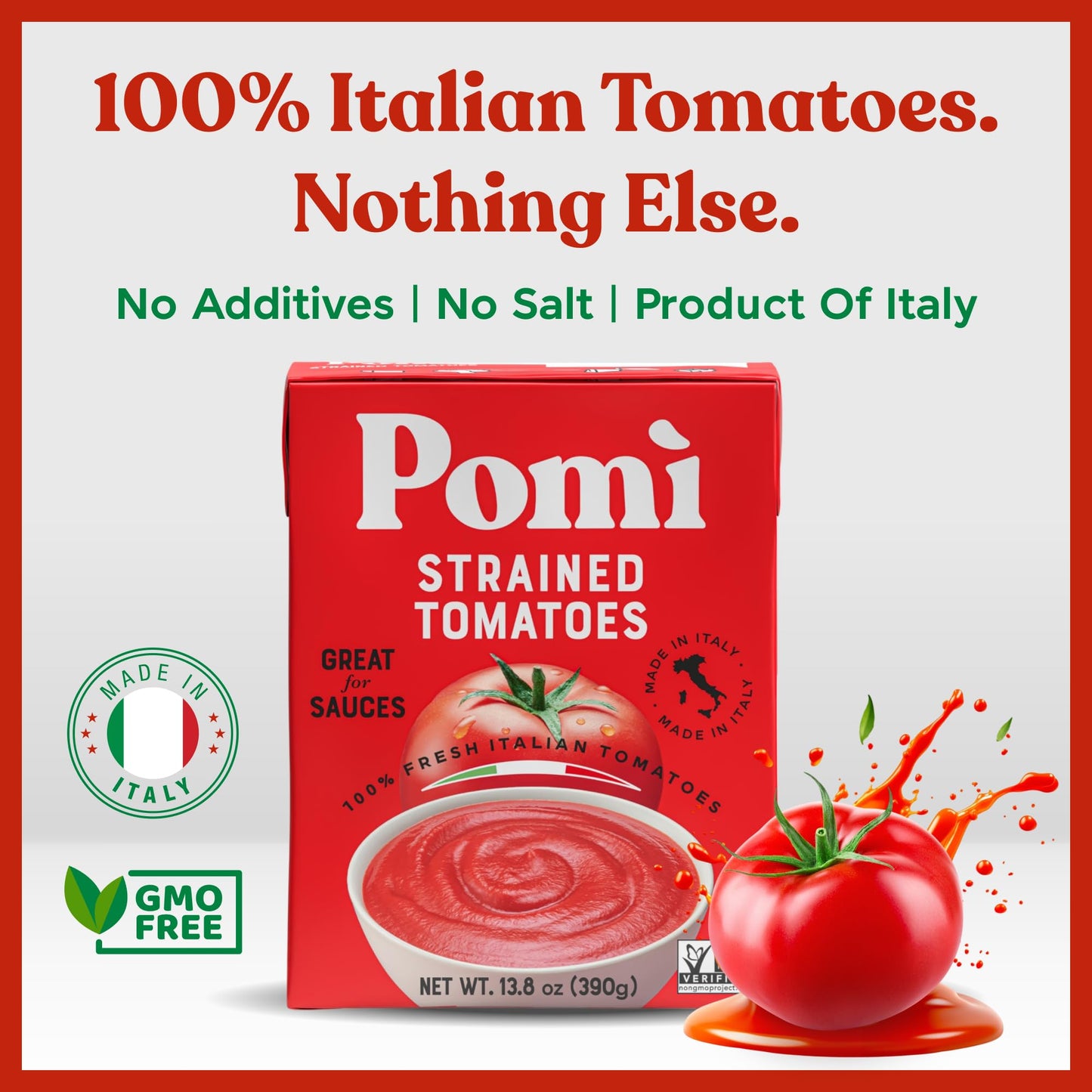 Pomì Strained Tomatoes 13.8oz (Pack of 12) - Creamy, Velvety Italian Tomato Puree, No Additives or Preservatives - BPA-Free Pureed Tomatoes Made from 100% Fresh Italian