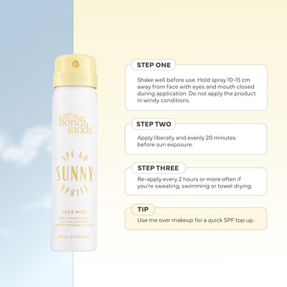 Bondi Sands Sunny Spritz SPF 60 Face Mist, Nourishing + Hydrating Broad Spectrum Sunscreen, Oil-Free, Dermatologist-Approved, Water-Resistant, 2.11 Oz