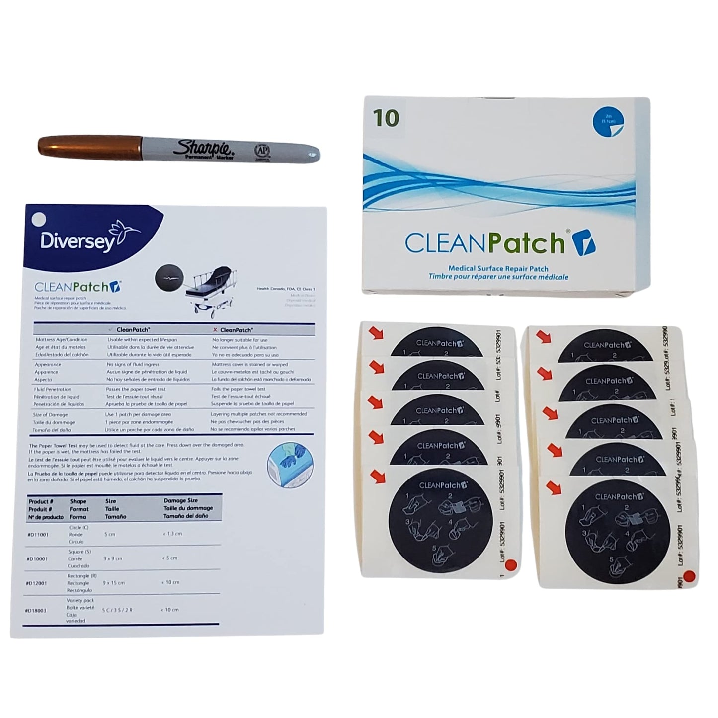 Diversey 11003 CLEANPatch Medical Surface Repair Patch for Hospital Beds & Stretchers, 2-Inch Round Patch (10 Patches), 1-Box