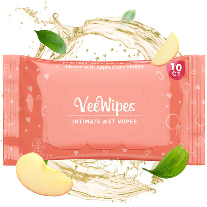 VeeFresh VeeWipes ACV (10pcs) - Apple Cider Vinegar Infused Wipes for Sensitive Vees- pH Balanced, Alcohol Free & Hypoallergenic Feminine Wipes for Women - Female Wipes for Maximum Hygiene