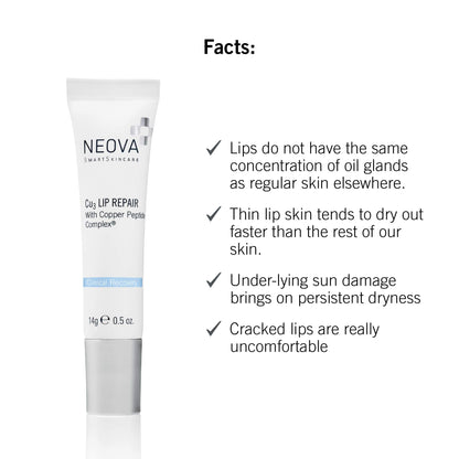 NEOVA SmartSkincare Cu3 Lip Repair, a moisture-sealing formula nourishes and protects lips during and after sun, cold and wind exposure.