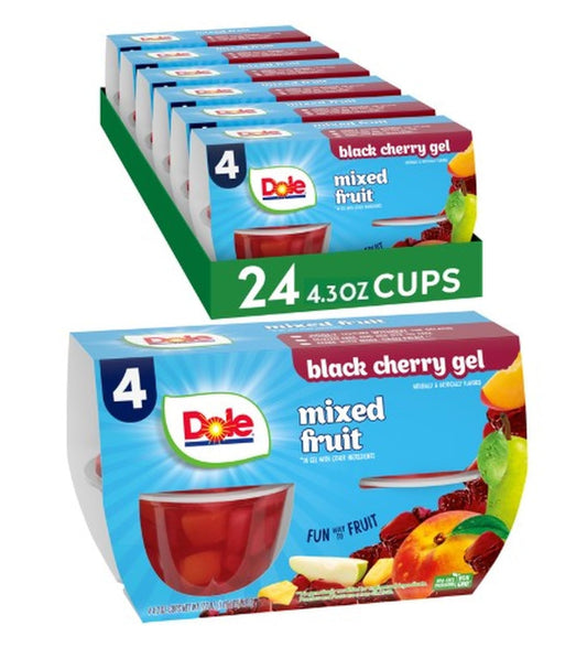 Dole Fruit Bowls Mixed Fruit in Black Cherry Flavored Gel, Back To School, Gluten Free Healthy Snack, 4.3 oz, 24 Total Cups