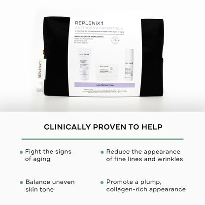 Replenix Anti-Aging Essentials 3 Step Trial Kit, Travel-Size Skincare Products for Mature Skin (Hyaluronic Acid Serum, Hydrating Cleanser, Retinol Serum), Cruelty and Paraben free