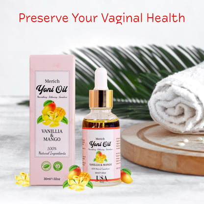MERICH Natural Yoni Oil for Women | pH Balancing Vaginal Detox Oil, Vanilla & Mango | Rejuvenating Formula for Dark Spots & Ingrown Hair | Odor Eliminator & Gentle Cleansing Feminine Care | 1 oz