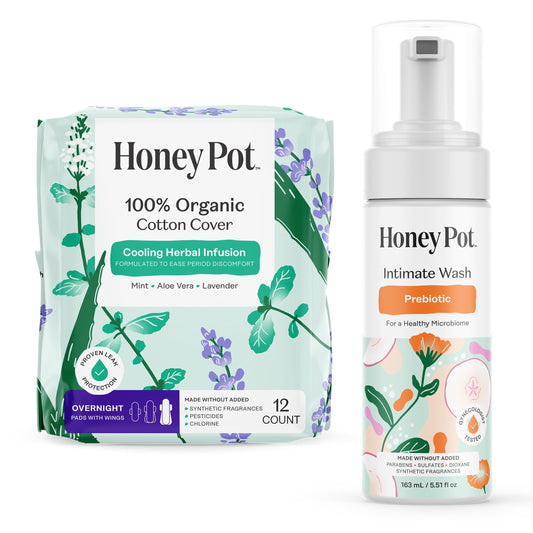 The Honey Pot Company - Overnight Pads & Prebiotic Feminine Wash Bundle - Herbal Infused w/Essential Oils - Natural Hygiene Feminine Products - Sanitary Pads - Feminine Care