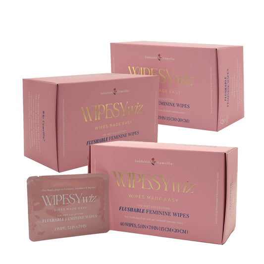 Flushable Feminine Wipes, 3 Pack/120 Count Total, Individually Wrapped Intimate Wipes, pH-Balanced, Odor Block, Infused w/Camellia, Chamomile, Aloe, Gentle for Feminine Care/Hygiene