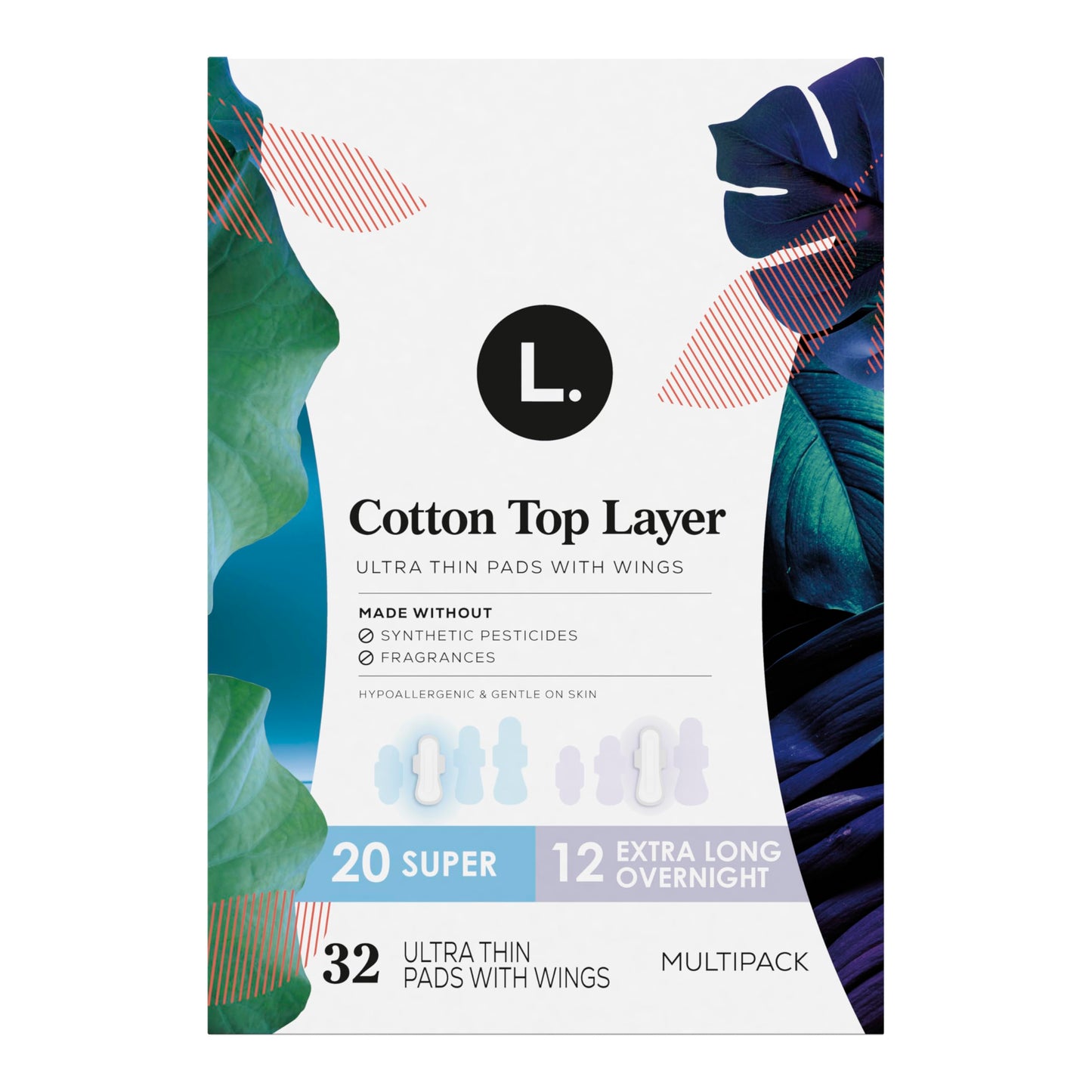 L. Ultra Thin Pads for Women, Organic Cotton Top Layer, Super + Extra Long Overnight Duo Pack Absorbency, Menstrual Pads with Wings, 32 Count
