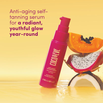 Coco & Eve Anti-Aging Tanning Serum - Face tanner with Skincare Actives for Gradual, Hydrating Glow. Natural Self Tanning Bronzer, with Niacinamide & Antioxidants for Healthy Glowing Skin (1.01 Fl Oz)