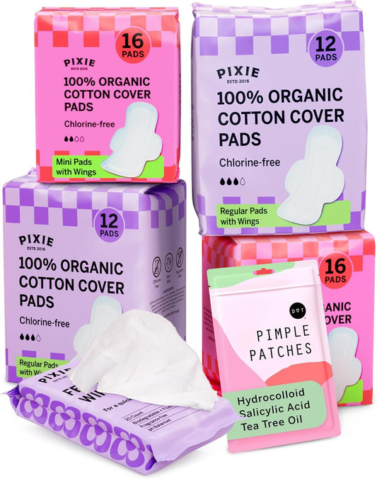 Pixie Period Starter Pads for Teen Girls - Organic Cotton 56ct - Designed for Tweens & Smaller Underwear - Leak-Proof with Wings for Feminine Care - Includes 32ct Mini & 24ct Regular Pads with Wipes