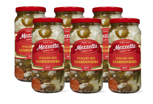 Mezzetta Italian Mix Giardiniera Chicago Style - Hot Giardiniera with Carrots, Celery, Cauliflower & Jalapeño - Tangy Pickled Vegetables for Antipasto - California Harvested - 16 Oz Jar - Pack of 6