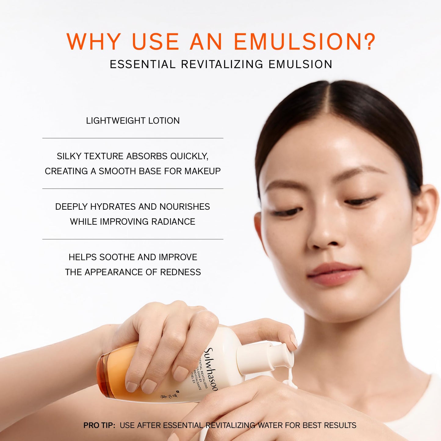 Sulwhasoo Essential Revitalizing Emulsion EX - Lightweight, fast-absorbing lotion that delivers 24-hour hydration while visibly soothing and supporting the skin barrier.