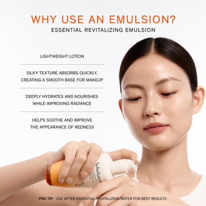Sulwhasoo Essential Revitalizing Emulsion EX - Lightweight, fast-absorbing lotion that delivers 24-hour hydration while visibly soothing and supporting the skin barrier.