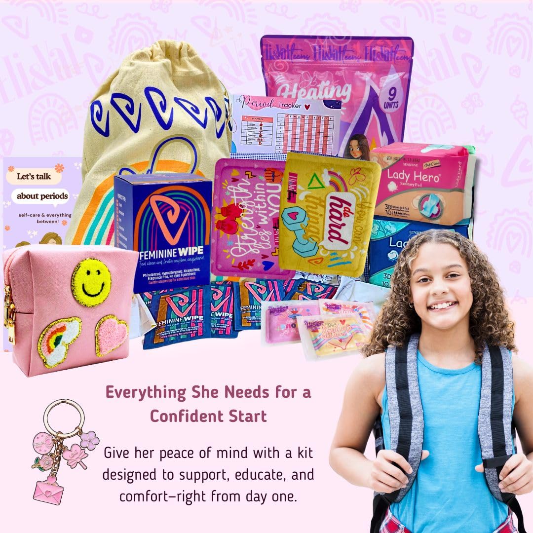 Period Kit for Tweens - First Period Kit for Girls 9-12 10-14 for School- Comfort Fit Feminine Pads Designed for Tween Teens Needs- Period Bags for Teen (Pink)
