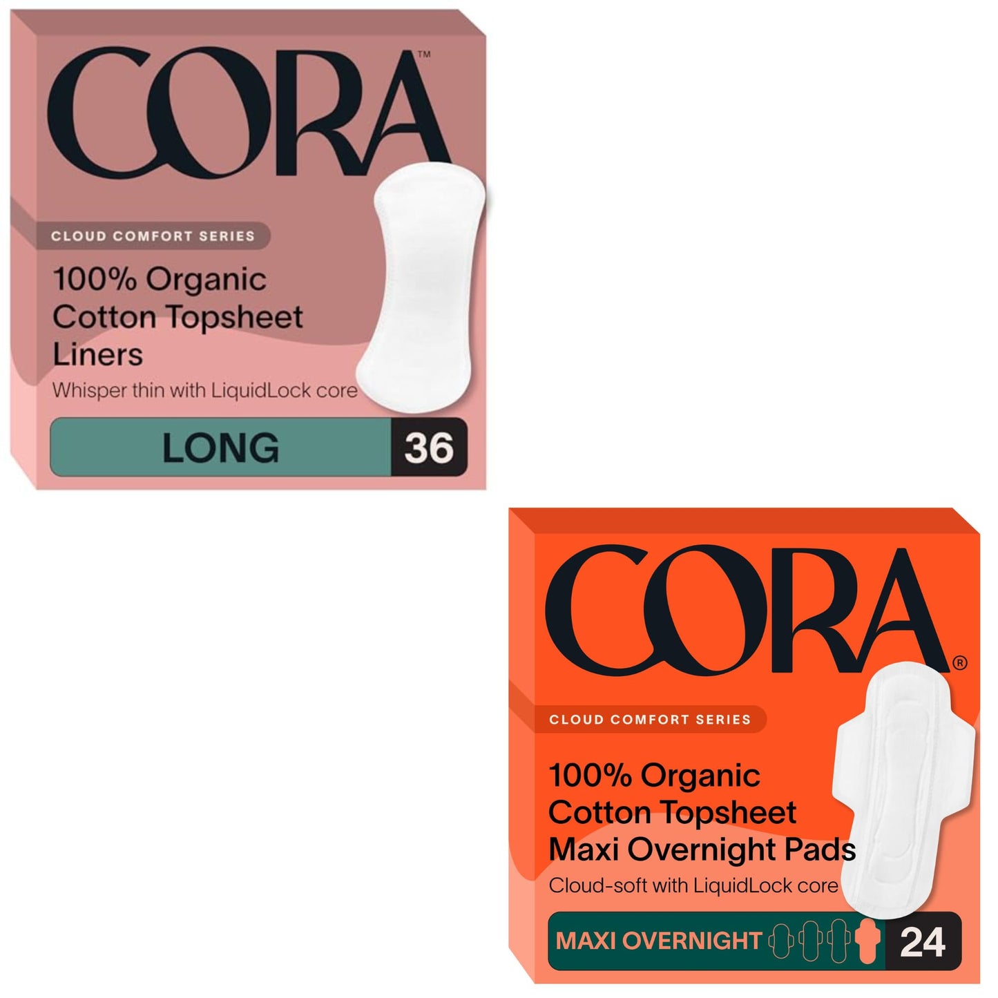 Cora Organic Feminine Care | 36 Long No Wings Liners and 24 Regular Pads | Ultra-Absorbent, Unscented, Natural, Non-Toxic | Bundle Pack