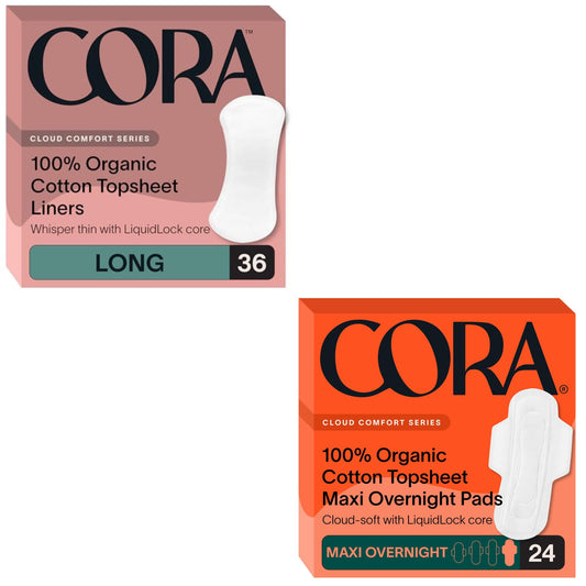 Cora Organic Feminine Care | 36 Long No Wings Liners and 24 Regular Pads | Ultra-Absorbent, Unscented, Natural, Non-Toxic | Bundle Pack