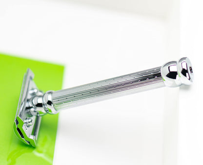 MERKUR 47C Double Edge Safety Razor – Long Handle Three-Piece Straight Cut Razor, Bright Chrome Finish, Engine-Turned Grip, Smooth Shave, Designed & Made in Germany