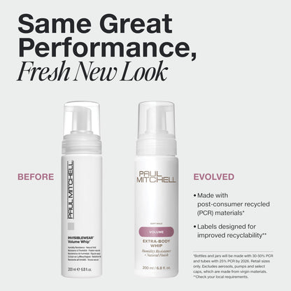 Paul Mitchell Invisiblewear Extra-Body Whip Conditioning Mousse, Humidity Resistance, Natural Finish, For Fine Hair, 6.8 fl. oz