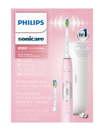 Philips Sonicare ProtectiveClean 6500 Rechargeable Electric Toothbrush, with Pressure Sensor, 3 Cleaning Modes, SmarTimer and QuadPacer, 14-Day Battery Life, Charging Travel Case, Pink, HX6462/06