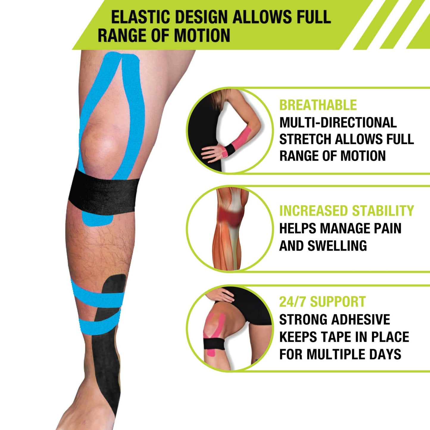 Pro-Tec Athletics Kinesiology Tape, Pre-Cut Strips for Muscle Tightness, Soft Tissue Support, Circulation, Reduced Fatigue