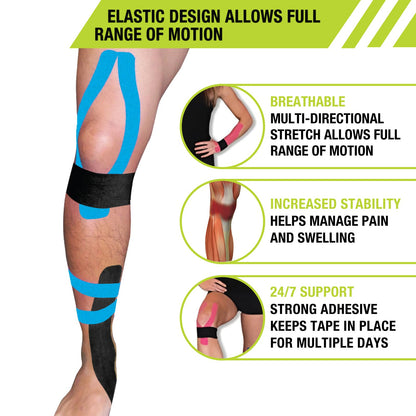 Pro-Tec Athletics Kinesiology Tape, Pre-Cut Strips for Muscle Tightness, Soft Tissue Support, Circulation, Reduced Fatigue