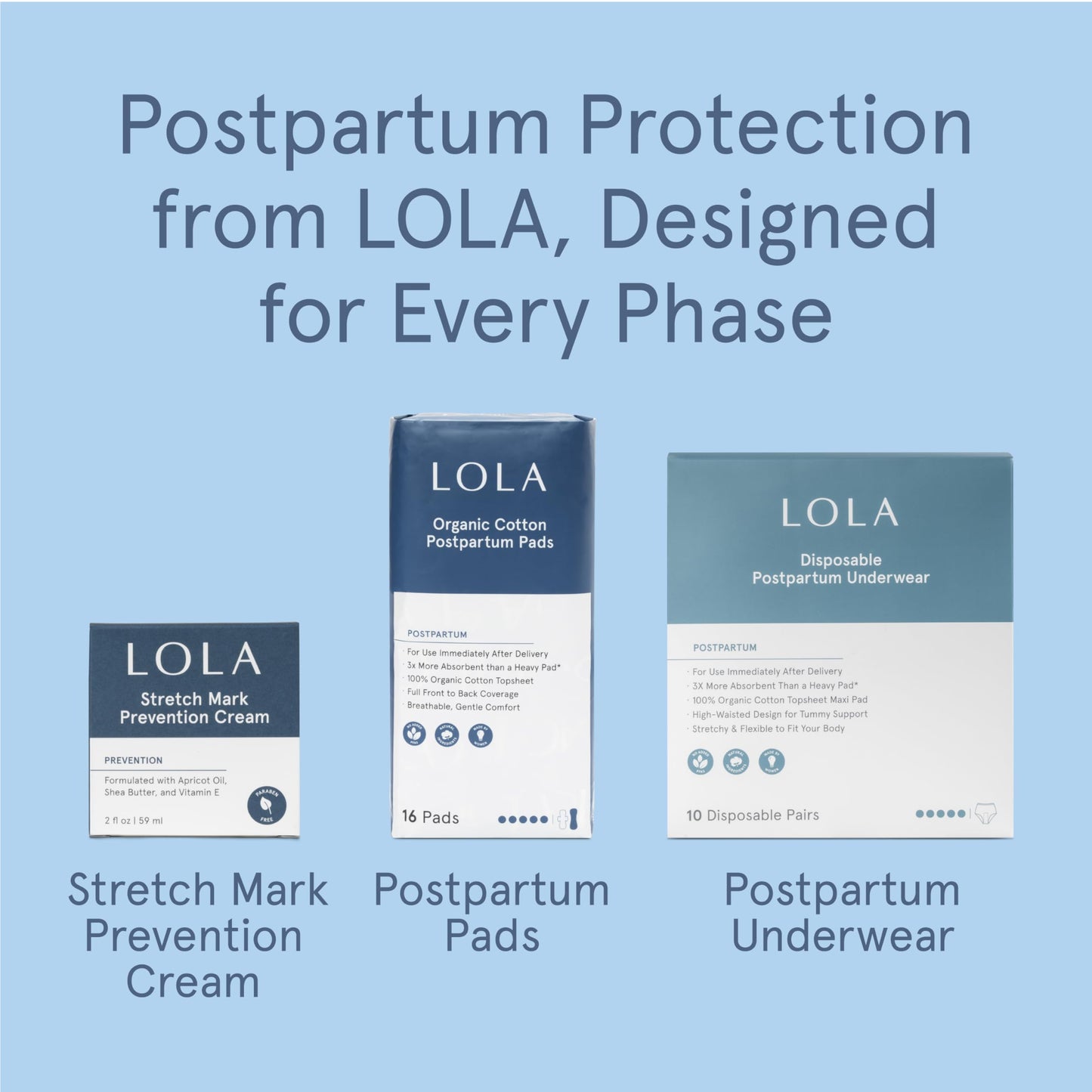 LOLA Organic Cotton Postpartum Pads - Max Absorbency Pads for Postpartum Bleeding - Extra-Long Overnight Liners for Women - Hospital Bag Essentials - 32 Count, Unscented