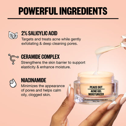 PEACE OUT Acne Gel Moisturizer for Oily Skin, Face Cream for Acne-Prone Skin with 2% Salicylic Acid, Niacinamide and Ceramides, 1.69 fl oz