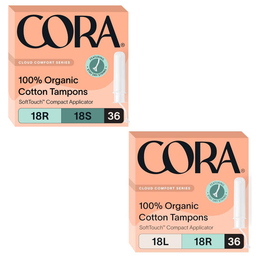 Cora Organic Applicator Tampon Multipack | 100% Organic Cotton, Unscented, BPA-Free Compact Applicator | Leak Protection | Packaging May Vary | 72 Total | Bundle Pack