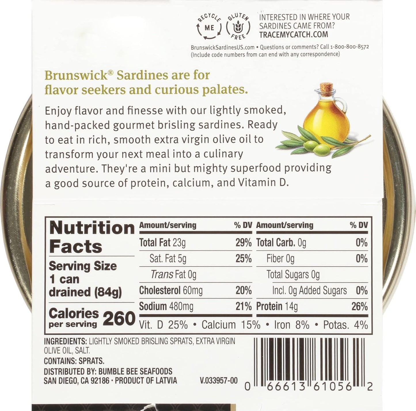 Brunswick Wild Caught Gourmet Brisling Sardines in Extra Virgin Olive Oil, 4.23 oz Can - Wild Caught Sardines - 14g Protein per Serving - Gluten Free, Keto Friendly