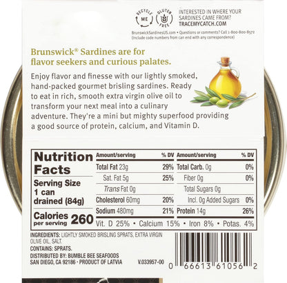 Brunswick Wild Caught Gourmet Brisling Sardines in Extra Virgin Olive Oil, 4.23 oz Can - Wild Caught Sardines - 14g Protein per Serving - Gluten Free, Keto Friendly